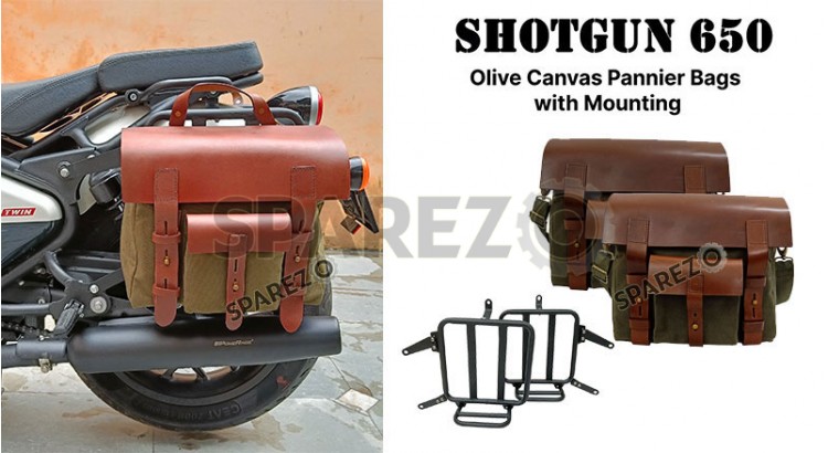 Fit For Royal Enfield Shotgun 650 Canvas and Leather Pannier Bags With Mounting - SPAREZO